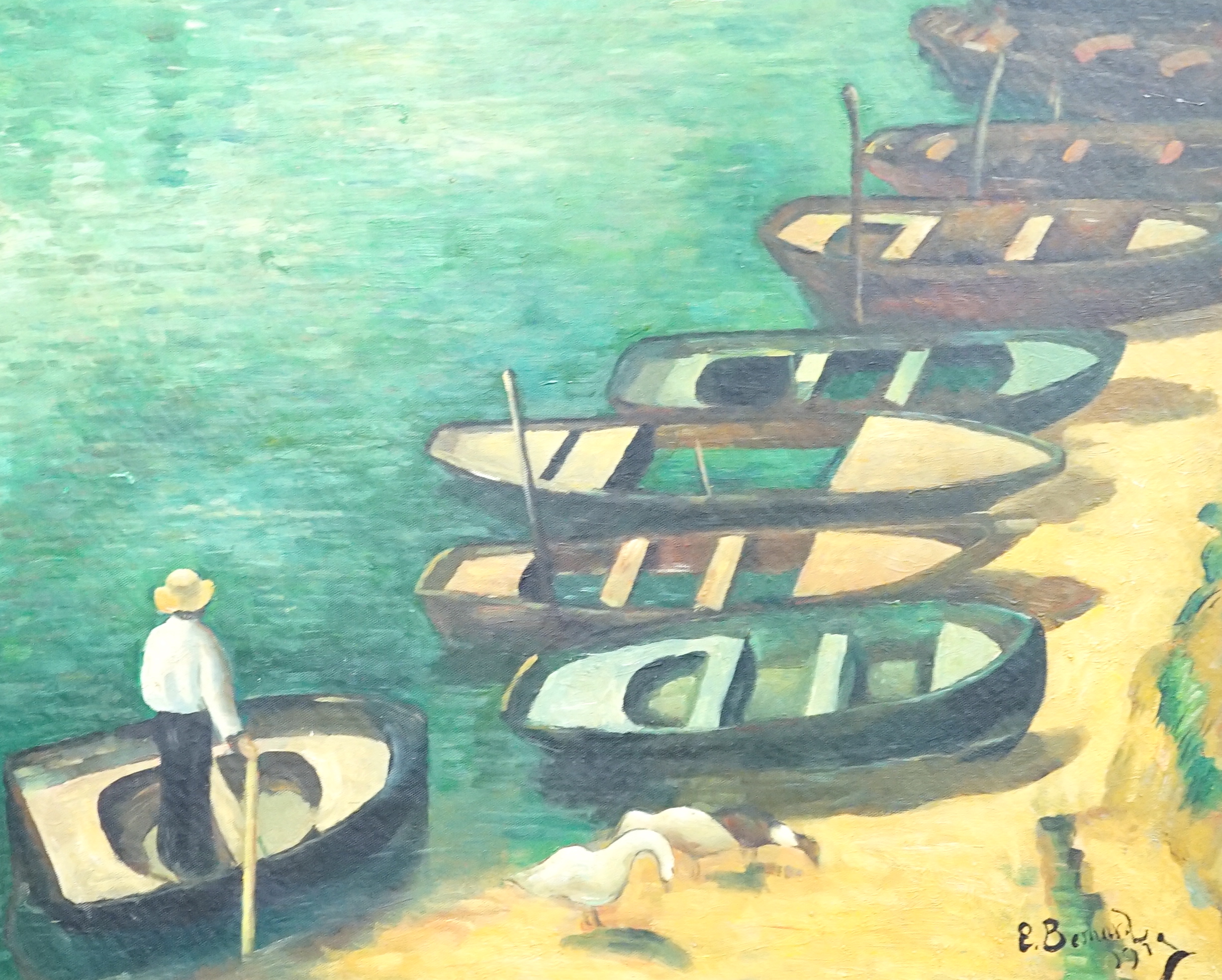 After Émile Henri Bernard (1868-1941), oil on board, Figure and beached boats along the shore, bears signature and date 1919, 48 x 59cm